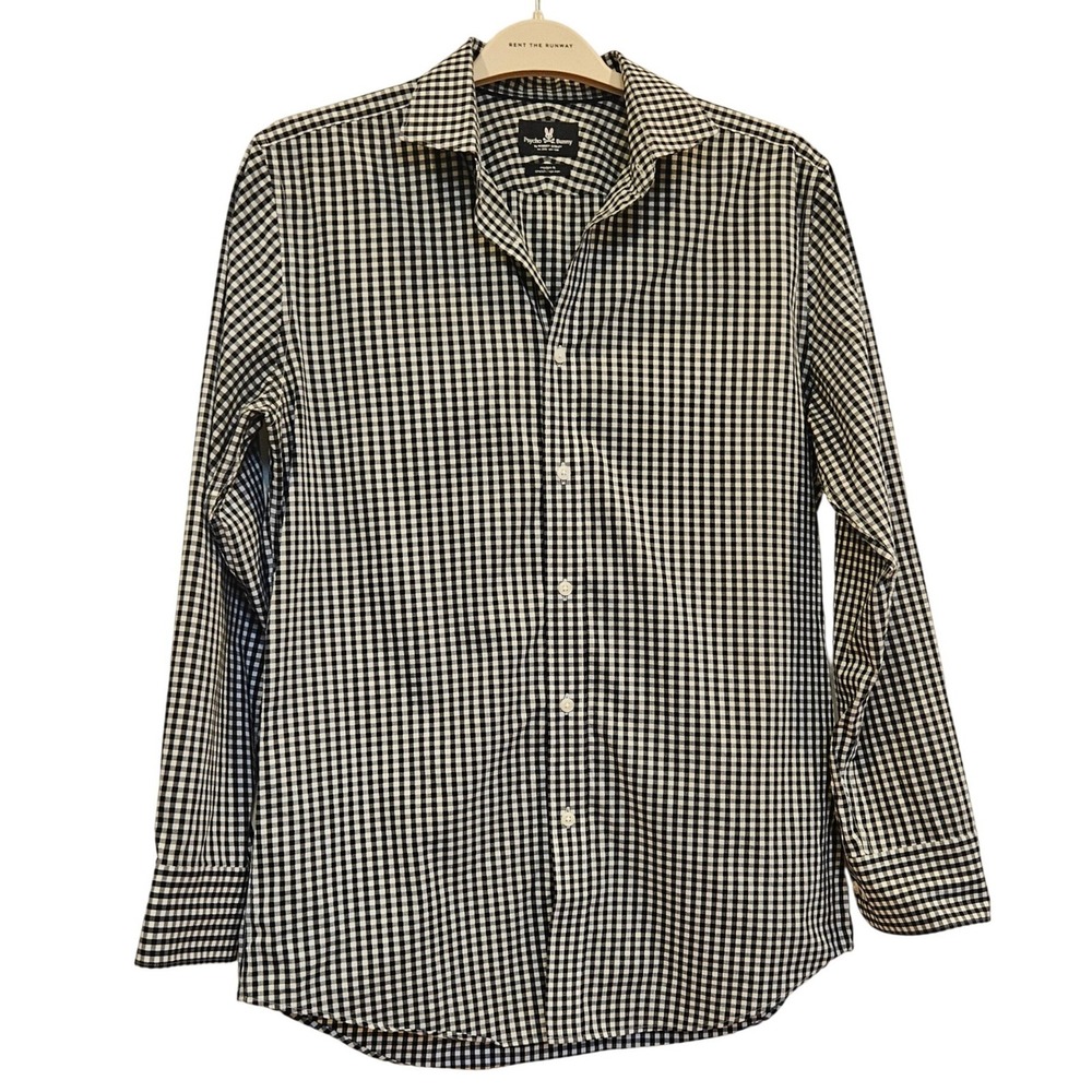 Psycho Bunny Mens Gingham Button Down Shirt Black White Modern‎ Fit 15 32/33